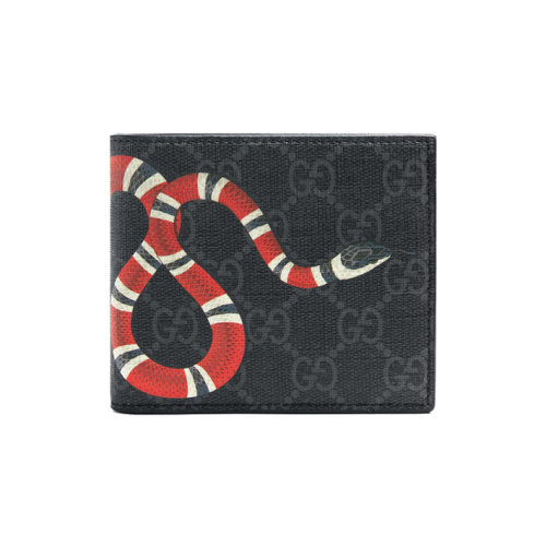 GUCCI/古馳 新款男士黑色帆布珊瑚蛇印花對折錢包 451268K551N1058