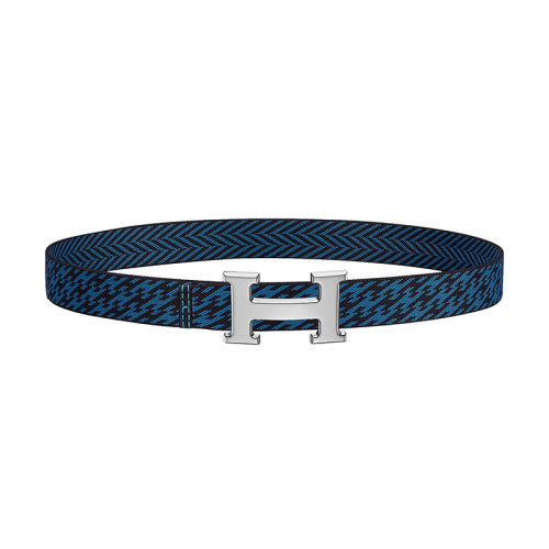 HERMES/愛馬仕 H系列 午夜藍色H條紋織布 男士銀扣皮帶32毫米H064544CK05/H081102UAABM