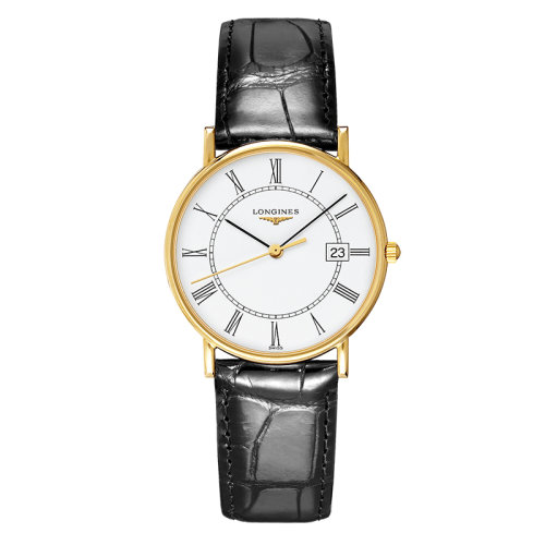 LONGINES/浪琴  時尚系列 石英表白盤羅馬數(shù)字18K金表殼皮質(zhì)表帶男表33.5毫米L4.743.6.11.0