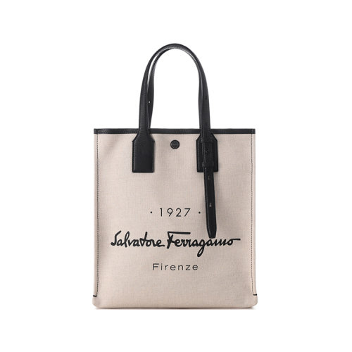 Salvatore Ferragamo/菲拉格慕【22年新款】男女同款織物配皮手提單肩包購物袋LOGO印花 240797