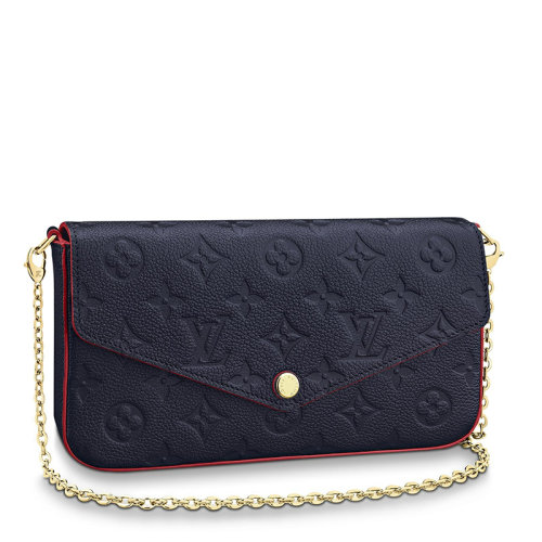 Louis Vuitton/路易威登 22春夏新款FéLICIE系列 女士海軍藍/紅色老花壓紋軟粒面牛皮革金扣金鏈配可拆卸貼袋翻蓋開合斜跨手拿鏈條信封包M64099