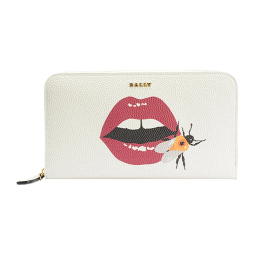 BALLY/巴利 女士奶白色皮革經典字母徽標裝飾紅唇印花拉鏈開合長款錢夾錢包卡包手拿包零錢包女包 6209343-413