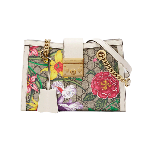 Gucci 古馳  女士padlock單肩鏈條包 花卉白色邊