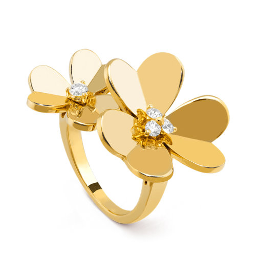 Van Cleef & Arpels/梵克雅寶 經典Frivole系列 18k金黃金鑲鉆石2個三瓣花朵開口戒指指環VCARB67600
