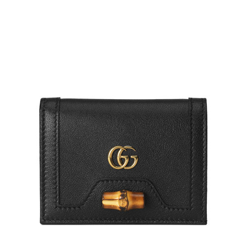 GUCCI/古馳    Diana系列 女士黑色皮革做舊的金色飾面雙G竹扣錢包卡包65824417Q0T1000