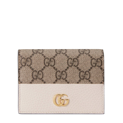 GUCCI/古馳 經典款GG Marmont系列 女士米色/烏木色老花帆布白色皮革細節金色調配件卡包65861017WAG9096