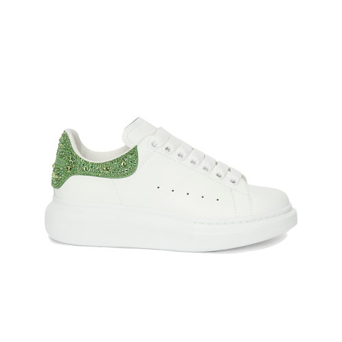 Alexander McQueen/亞歷山大麥昆 22年秋冬新款 女士白色/綠色牛皮革鞋跟飾燙鉆闊型運(yùn)動鞋718243WIA4Z8964