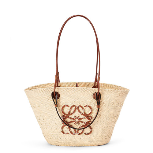 LOEWE/羅意威 22新款Basket系列 女士原色/棕褐色棕櫚纖維配牛皮革徽標(biāo)壓紋貼片單肩手提包A223T43X02-2435