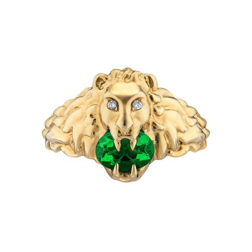 GUCCI/古馳 18k金黃金鑲有鉆石和綠鉻透輝石獅子頭戒指 627134J45868067
