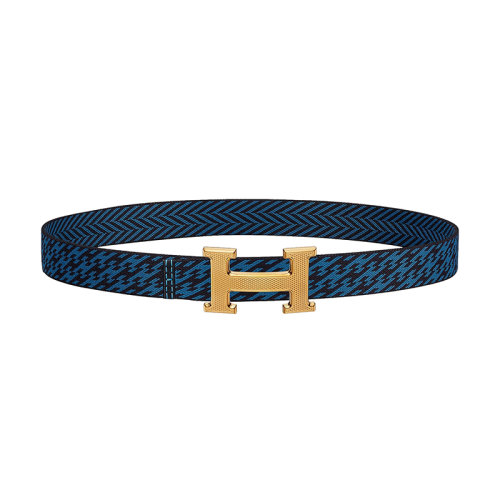 HERMES/愛馬仕 H系列 午夜藍(lán)色H條紋織布 男士金扣皮帶32毫米H064540CC06/H081102UAABM
