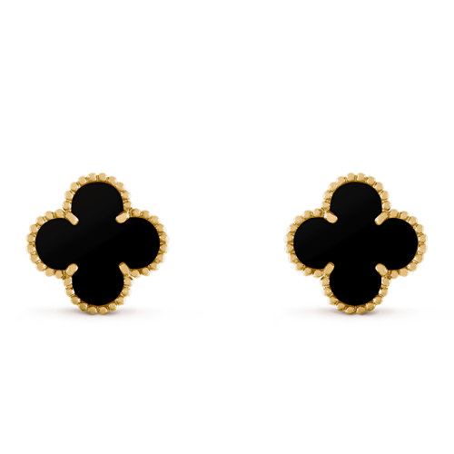 Van Cleef & Arpels/梵克雅寶 經典Vintage Alhambra系列 18K金黃金鑲黑瑪瑙經典四葉草耳釘