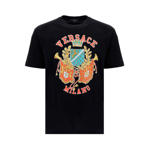 VERSACE/范思哲 男士黑色棉質彩色徽標印花裝飾圓領短袖上衣T恤 1005188-1A03480-1B000