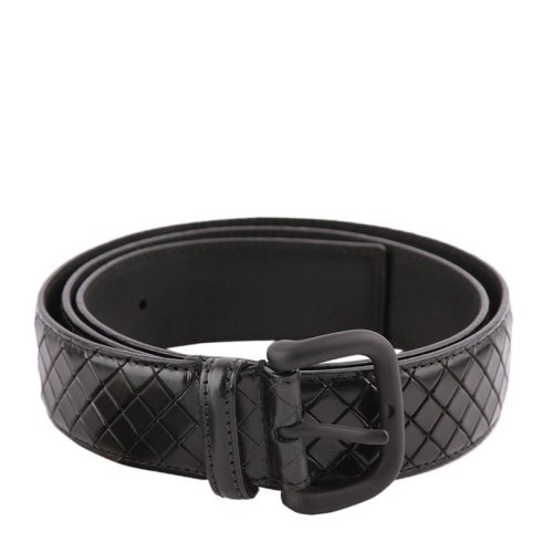 Bottega Veneta/葆蝶家 BV 男士黑色壓紋商務休閑碳黑方形扣頭編織皮帶腰帶 261363-VQ241-1000