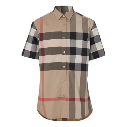 BURBERRY/博柏利 經典款 男士典藏米色短袖格紋彈力棉府綢襯衫80173221