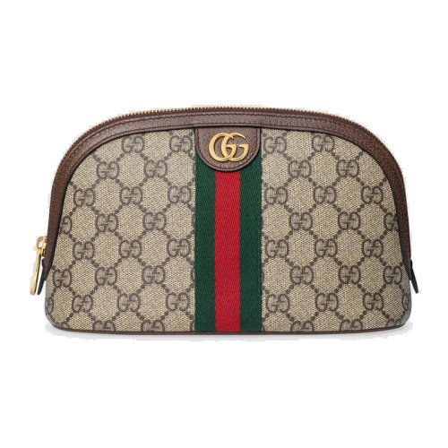 GUCCI/古馳 Ophidia系列 雙G Supreme老花經典棕色皮革飾面帆布大號化妝包