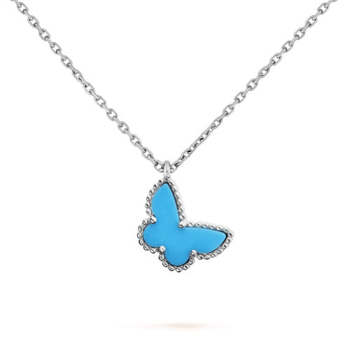 Van Cleef & Arpels/梵克雅寶 Sweet Alhambra papillon 女士綠松石藍色蝴蝶銀鏈項鏈 VCARF80500