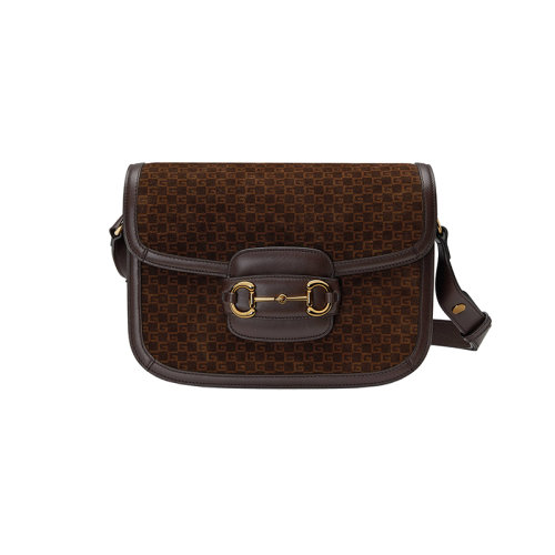 GUCCI/古馳 23春夏新款 Horsebit 1955系列 女士深棕色絨面革金色飾面馬銜扣細節按扣肩帶翻蓋開合單肩斜挎包602204AABE22155