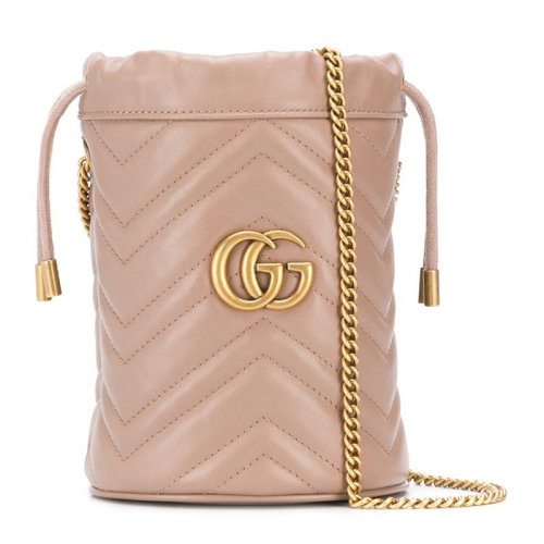 GUCCI/古馳 Marmont系列女士牛皮抽繩開合波浪紋金色雙G迷你單肩包斜挎包水桶包女包 575163-DTDRT 多色可選
