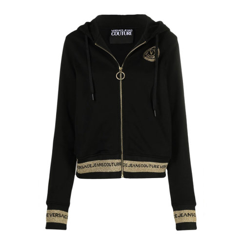 VERSACE JEANS/范思哲牛仔 女士黑色滌綸混紡聚酰胺經典字母徽標印花裝飾拉鏈開合長袖上衣外套連帽衫 B6HWA7TQ-30318-K42