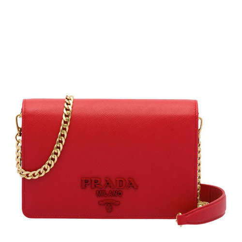PRADA/普拉達 Saffiano系列 女士純色牛皮經典LOGO徽標裝飾時尚翻蓋鏈條包單肩包斜挎包零錢包女包 1BP012-NZV多色可選