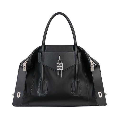 Givenchy/紀(jì)梵希  ANTIGONA LOCK SOFT系列 女士中號(hào)黑色柔軟小牛皮拉鏈封口可拆卸4G掛鎖單肩斜挎包BB50HAB11E-001