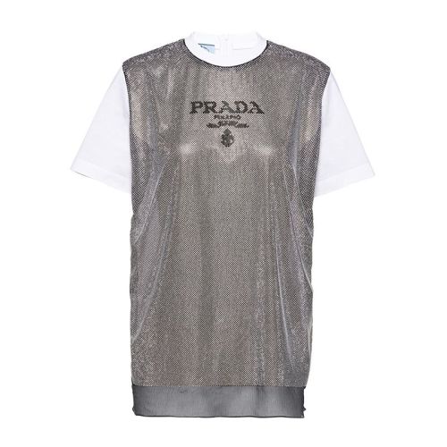 PRADA/普拉達(dá) 22年早春新款 女士白色/銀色微型鉚釘平紋針織雪紡棉質(zhì)短袖T恤3582AR_10AH_F0J36_S_221