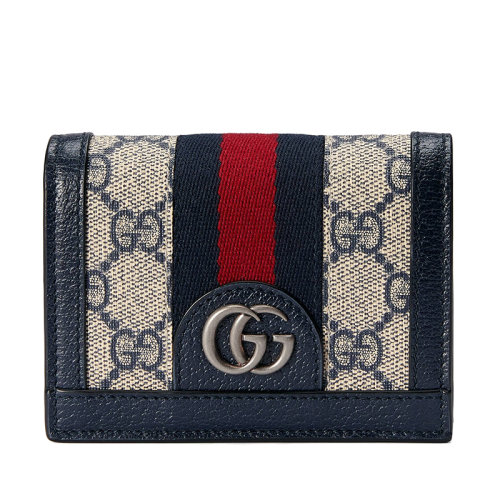 GUCCI/古馳 22春夏新款Ophidia系列 女士米色/藍(lán)色老花帆布紅藍(lán)織帶配藍(lán)色皮革雙G多隔層折疊零錢包卡包 52315596IWN4076