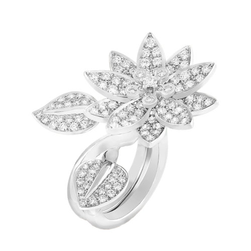 Van Cleef & Arpels/梵克雅寶 經典Lotus系列 18k金白金鑲嵌鉆石滿鉆葉子蓮花開口戒指指環VCARP1ND00