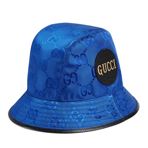 GUCCI/古馳 Off the Grid系列 男女同款藍色雙G提花再生尼龍黑色皮革飾邊漁夫帽6271154HK794360