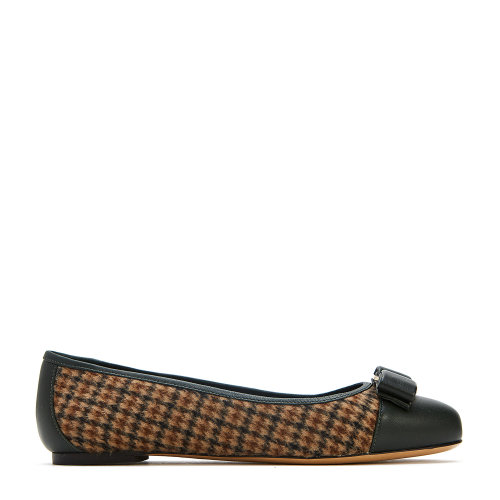 Salvatore Ferragamo/菲拉格慕 墨綠色/淺棕色 女士VARINA蝴蝶結千鳥格紋芭蕾舞平底鞋 715424-01N917-VARINA CB