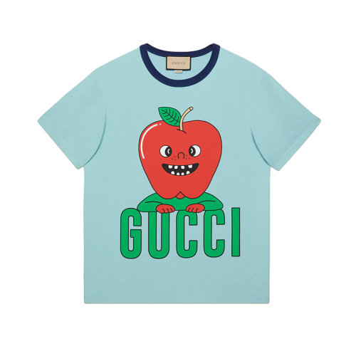 GUCCI/古馳 22年秋冬新款 愛的進行曲系列 男士淺藍色純棉蘋果印花短袖T恤703439XJEI24673