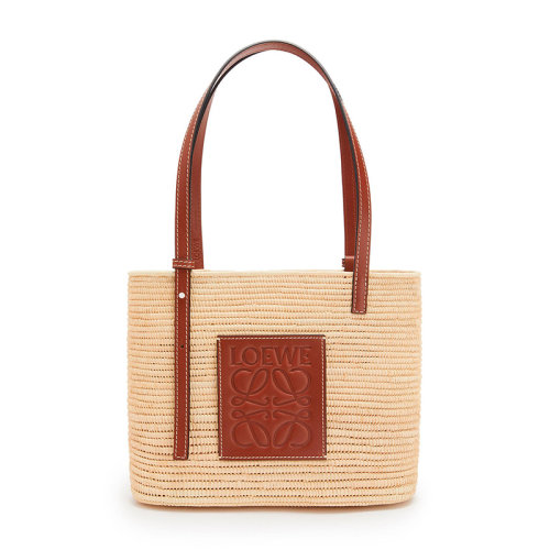 LOEWE/羅意威  Square Basket系列 女士小號(hào)天然/山核桃拉菲草/小牛皮方形壓紋Anagram單肩包手提斜挎包0010444685