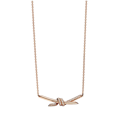 Tiffany & Co./蒂芙尼 22春夏新款 Knot系列 18K金 玫瑰金色 鑲鉆繩結吊墜項鏈69683231