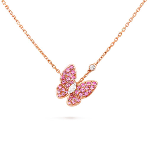 Van Cleef & Arpels/梵克雅寶 經(jīng)典Deux Papillons系列 18k金玫瑰金鑲嵌鉆石和粉色藍(lán)寶石蝴蝶吊墜項(xiàng)鏈 VCARO3M200