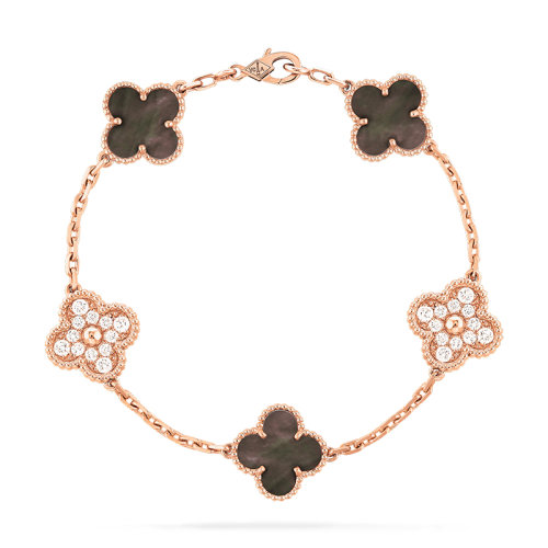 Van Cleef & Arpels/梵克雅寶 經典Vintage Alhambra系列 18K金玫瑰金鑲嵌鉆石和灰色珍珠母貝5花四葉草手鏈VCARP2R100