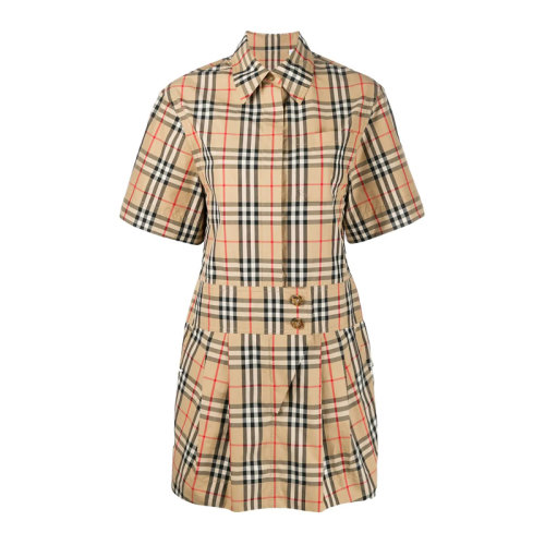 BURBERRY/博柏利  女裝 服裝 棉質復古駝色格紋短袖襯衫式 女士裙裝女士連衣裙 8014190經典格紋