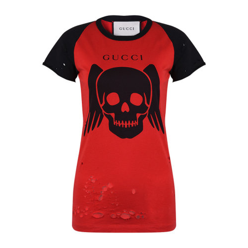 GUCCI/古馳  女士紅色棉質字母LOGO骷髏圖案印花圓領短袖 T恤 557785 XJARQ 6587