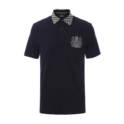 Aquascutum/雅格獅丹 翻領(lǐng)棉質(zhì)格紋領(lǐng)口胸前印花圖案男士短POLO 短袖POLO衫 男裝