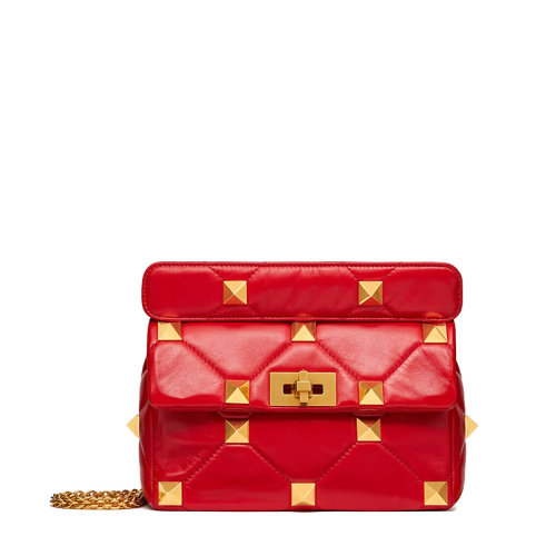 Valentino/華倫天奴 21新款 ROMAN STUD系列 女士中號紅色納帕小羊皮柳丁翻蓋金屬扣鏈條單肩斜挎包WW2B0I82BSFJU5