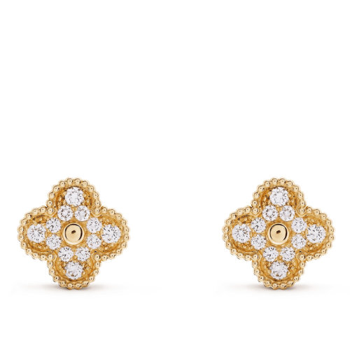 Van Cleef & Arpels/梵克雅寶 Alhambra 女士復古金色鑲鉆四葉草耳環 VCARA44700