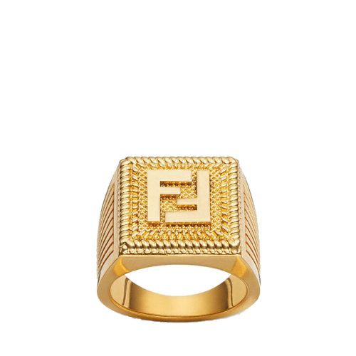 FENDI/芬迪  FF GUILLOCHéE系列 金色金屬FF圖案扭索飾紋雕刻戒指 7AJ535B08F1CHL