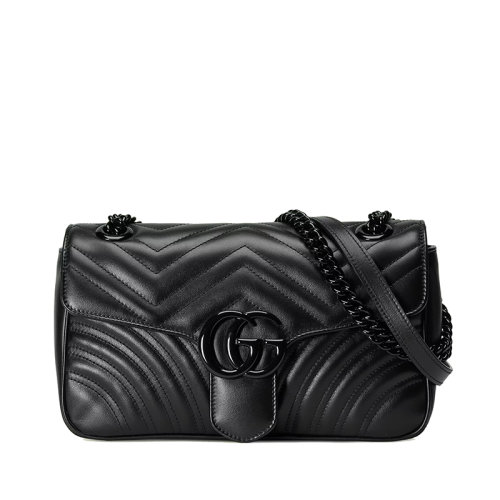 GUCCI/古馳 22春夏新款GG Marmont系列 女士小號黑色絎縫V型皮革黑色雙G陶瓷扣翻蓋單肩斜挎包443497DTDFV1000