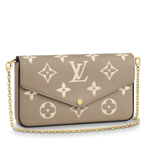 Louis Vuitton/路易威登 22春夏新款FéLICIE系列 女士大象灰粒面牛皮革奶白色老花印花金扣金鏈配可拆卸貼袋翻蓋開合單肩斜挎手拿鏈條信封包M69977
