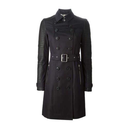BURBERRY/博柏利 女裝 服裝 女士藏藍(lán)色皮革拼接雙排扣大衣風(fēng)衣 女士大衣