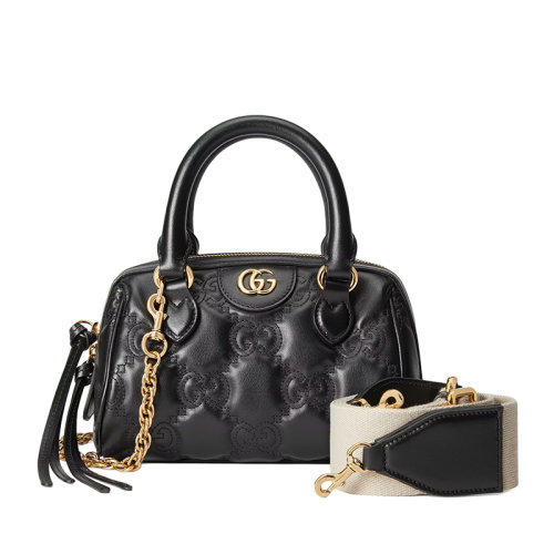 GUCCI/古馳 22新款 女士黑色GG壓紋絎縫皮革金色雙G標志拉鏈開合單肩手提包702251UM8HG1046