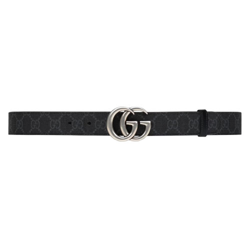 GUCCI/古馳 22年春夏新款 男士黑色老花印花帆布/光滑皮革銀色雙G帶扣窄版雙面腰帶30毫米64384792TIN1000