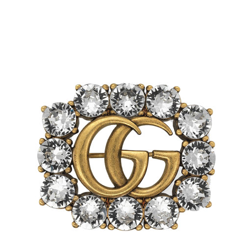 GUCCI/古馳  Double G系列 金色金屬雙G細節水晶胸針 506171J1D508062