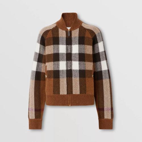  BURBERRY 22年秋冬 女士 格紋嵌花羊絨混紡飛行夾克 80484451