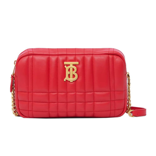 BURBERRY/博柏利 22新款 Lola系列 女士小號亮紅色絎縫小羊皮拉鏈開合金色金屬拋光配件小羊皮表帶配金色調節鏈條單肩斜挎相機包80606591