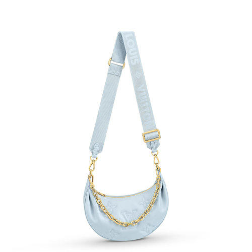 Louis Vuitton/路易威登 22春夏新款Over The Moon系列 女士冰藍(lán)色老花壓紋牛皮革金扣金鏈單肩斜挎手提月亮包 M59825